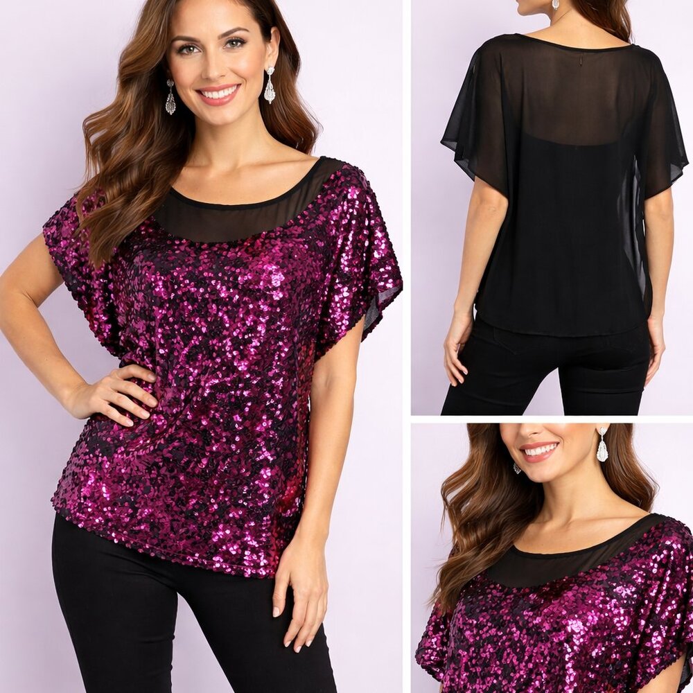 ya Los Angeles Black Pink Sequin Overlay Blouse Tunic Sparkly Party Top L
